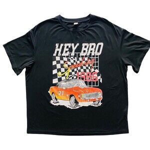 ROMWE “Hey Bro Speedway 1986” Graphic T-Shirt Mens M Black Race Car Checkered T